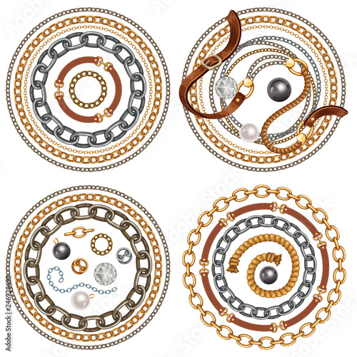 Set emblems with belts and gold and silver chains for fabric design, wallpapers, prints. Isolated vector illustration with metallic accessories.