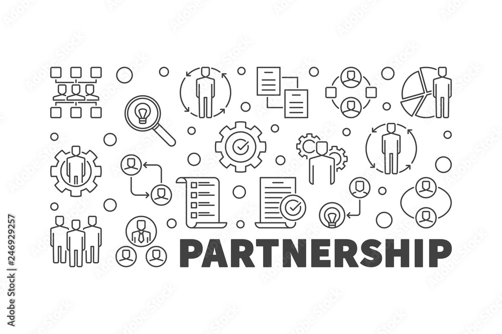 Partnership vector horizontal outline banner or illustration on white background 