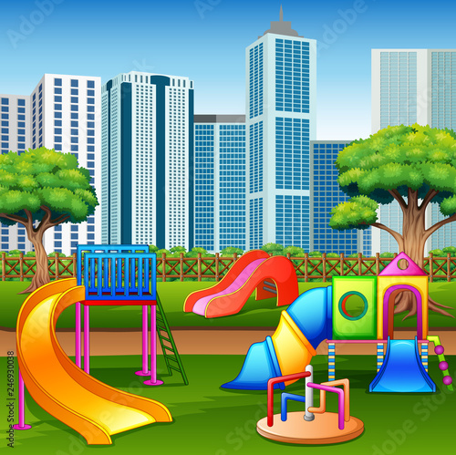 Urban summer public garden with kids playground