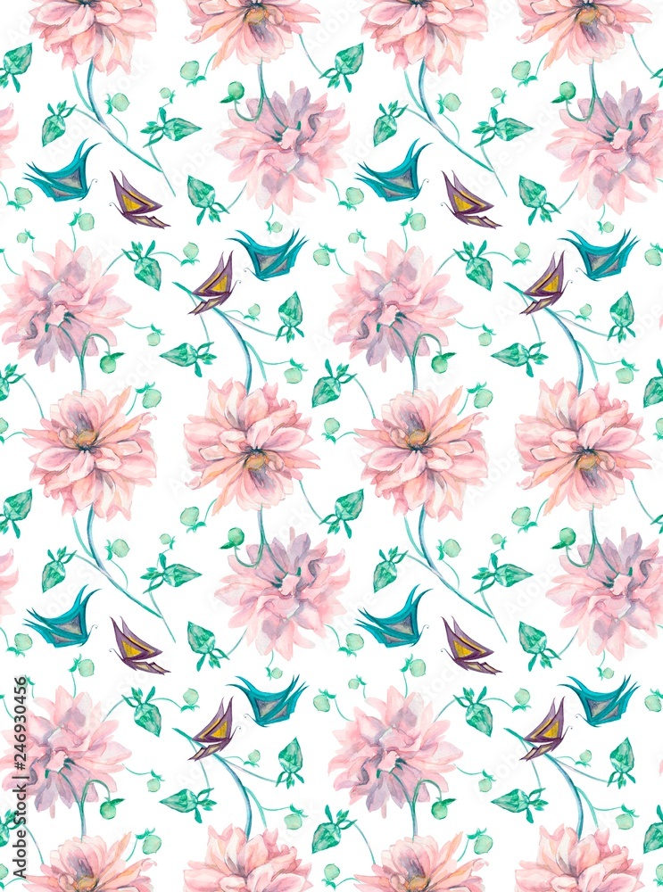 flowers dahlias seamless pattern watercolor