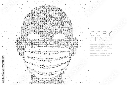 Head with Dust mark or particulate respirator Abstract Geometric Circle dot pixel pattern, Pollution PM 2.5 concept black color illustration isolated on white background with copy space, vector eps 10