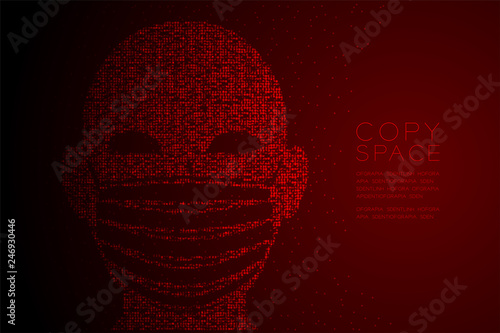 Head with Dust mark or particulate respirator Abstract Geometric Bokeh light circle dot pixel pattern, Pollution PM 2.5 concept illustration isolated on red gradient background with copy space, vector