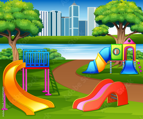 Cartoon urban park kids playground in the nature background