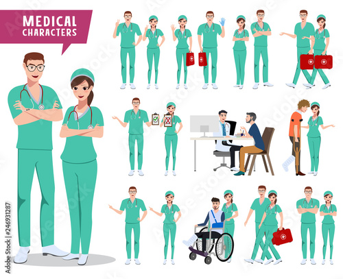 Medical characters vector set. Male and female doctor, nurse and hospital staff holding medical kit with patients isolated in white. Vector illustration.