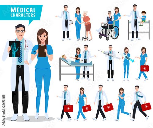 Doctor and nurse vector character set. Health care and medical workers with patients and holding medical tools. Vector illustration.