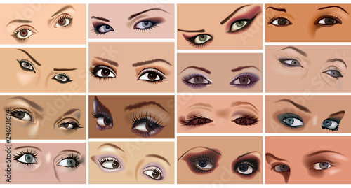 Eyes Makeup Set - Big Collection of Woman Faces with 16 Illustrations, Vector