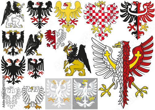 Big Set of Heraldic Eagles - Black and White Illustrations and Colored Illustrations, Vector