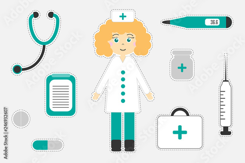 Different colorful medical pictures for children, fun education game for kids, preschool activity, set of stickers, vector illustration