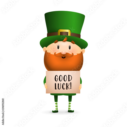 Bearded leprechaun with poster. Happy Irish man in green costume and hat holding card wishing luck. Can be used for topics like Saint Patrick day, Ireland, character