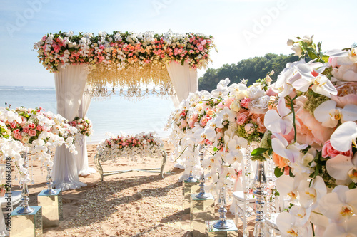 Wedding set up on beach. Tropical outdoor wedding party on beach