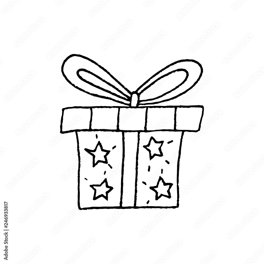 Cute cartoon hand drawn gift box drawing. Sweet vector black and white gift  box drawing. Isolated monochrome doodle gift box drawing on white  background. Stock Vector | Adobe Stock