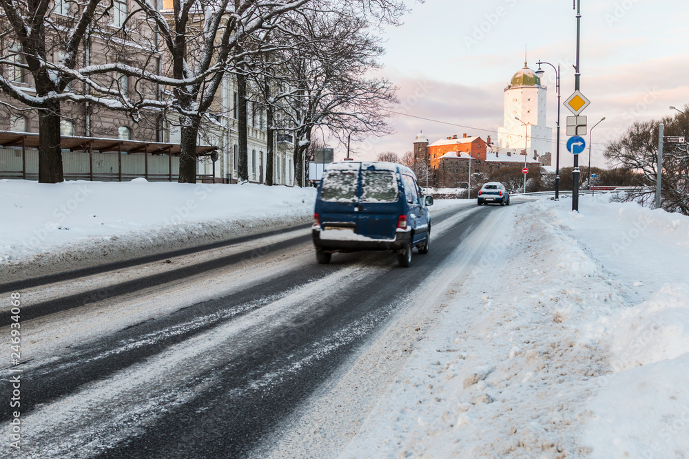  old snow-covered streets of the city. Winter cityscape of the old town of Vyborg