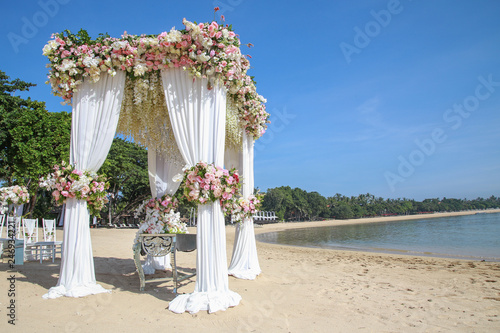 Wedding set up on beach. Tropical outdoor wedding party on beach