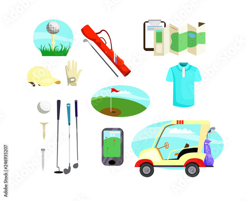 Golf equipment icons. Simple icons collection on white background. Ball, cap, stick. Golf concept. Illustrations can be used for topics like golf, sport, summer © PCH.Vector