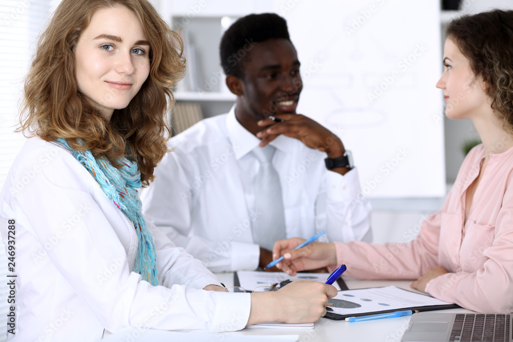 African american businessman at meeting in office, colored in white. Multi ethnic business people group African american businessman at meeting in office, colored in white. Multi ethnic business people group