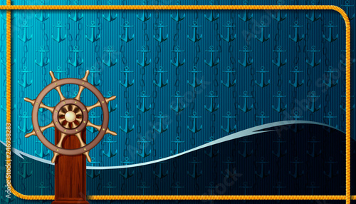 Marine background with a steering wheel.