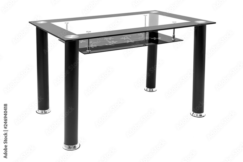 Metallic and glass dining table for living room or kitchen. Modern design table for eating, isolated on white background