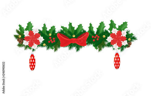 Xmas decorative element, fir-tree branches decorated by poinsettia flowers, cone shape glass toys, red mistletoe berries and spruce vector isolated icon