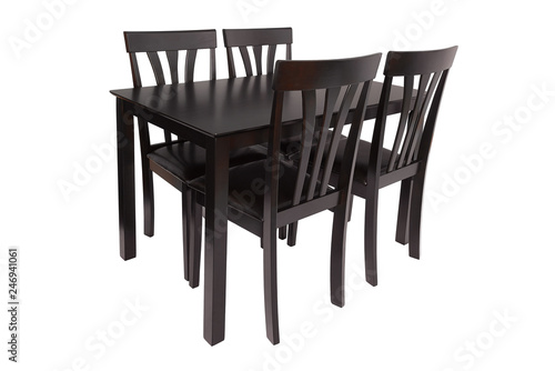 Dining room furniture set of table and four chairs. Elegant dining furniture for living room or kitchen  made of dark brown wood and leather tapestry  isolated on white background