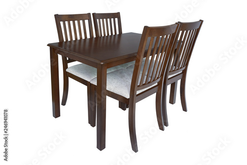 Dining room furniture set of table and four chairs. Elegant dining furniture for living room or kitchen  made of brown wood and white textile tapestry  isolated on white background