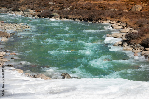 Partly frozen Teesta River in Sikkim
