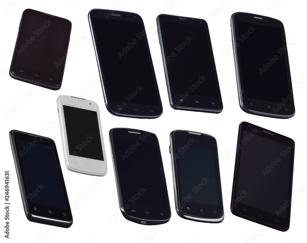 Nine different black mobile smart phones perspective view. For game design, smartphone mobile application presentation and mock-ups. Smartphones isolated on white background, clipping path included Nine different black mobile smart phones perspective view. For game design, smartphone mobile application presentation and mock-ups. Smartphones isolated on white background, clipping path included