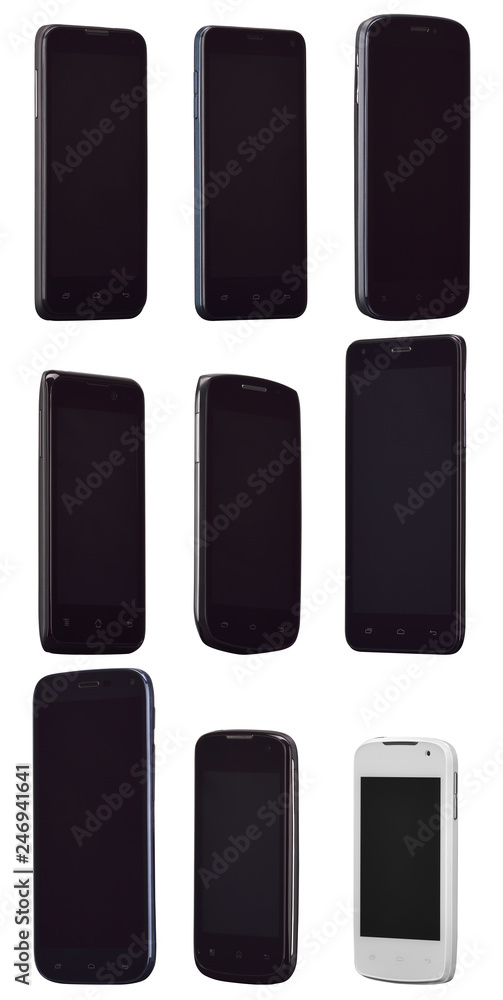 Nine different black mobile smart phones side view. For game design, smartphone mobile application presentation and mock-ups. Smartphones isolated on white background, clipping path included Nine different black mobile smart phones side view. For game design, smartphone mobile application presentation and mock-ups. Smartphones isolated on white background, clipping path included