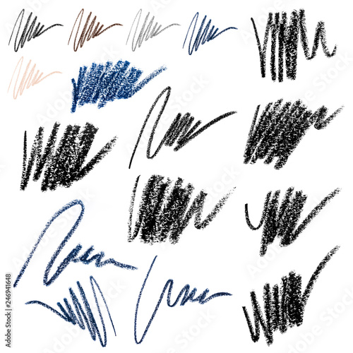 Cosmetic eye pencil strokes collection, various stroke samples isolated on white background