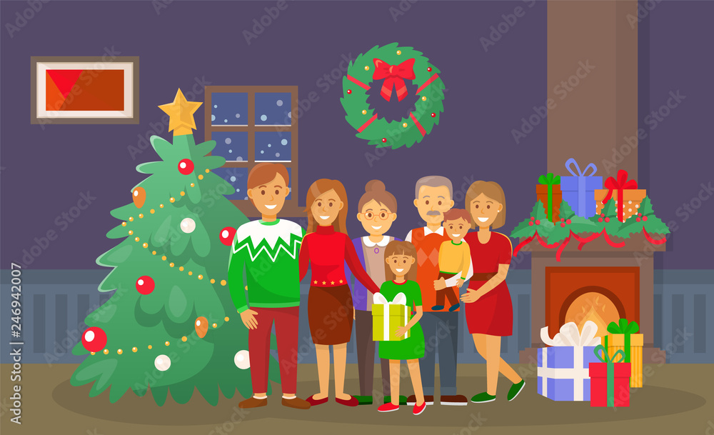 Fototapeta premium Christmas family at home, people by pine tree vector. Fireplace and fir, wreath with bow decoration of interior, mother and father, presents and gifts