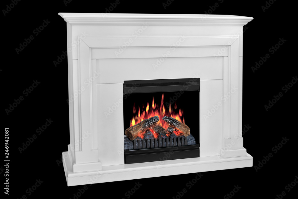 White wooden fireplace with roaring flames, classic elegant design. Isolated on black background, clipping path included. Fireplace as a piece of furniture White wooden fireplace with roaring flames, classic elegant design. Isolated on black background, clipping path included. Fireplace as a piece of furniture
