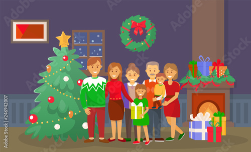Christmas family at home, people by pine tree vector. Fireplace and fir, wreath with bow decoration of interior, mother and father, presents and gifts