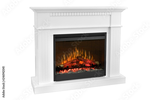 White wooden fireplace with roaring flames, classic elegant design. Isolated on white background, clipping path included. Fireplace as a piece of furniture