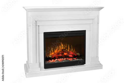 White wooden fireplace with roaring flames  classic elegant design. Isolated on white background  clipping path included. Fireplace as a piece of furniture