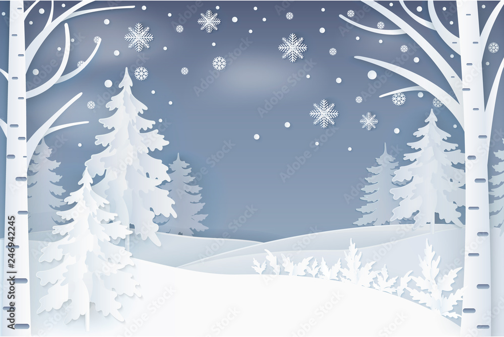 Forest, snowflakes and hills at night vector. Winter nature, falling snow and decorated fir-trees with birches on snowy landscape, Christmas noel card, paper art and craft style