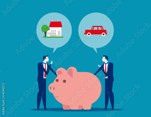 Business people with different needs. Concept business vector, Planning, Piggy bank, Saving and investing.