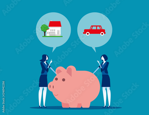 Business people with different needs. Concept business vector, Planning, Piggy bank, Saving and investing.