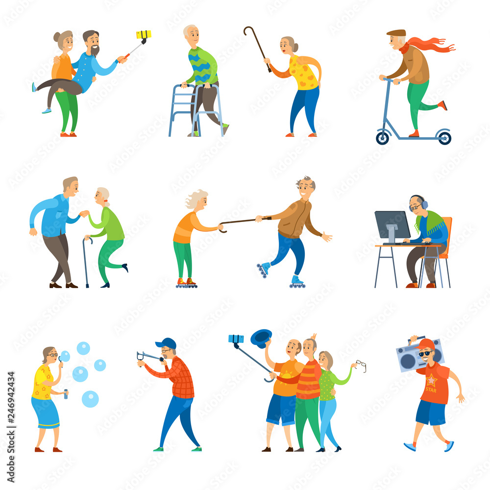 Senior people having fun together taking selfie on phone and throwing party vector. Man and woman old age of grandmother and grandfather with bubbles, flat style