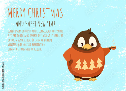 Merry Christmas and Happy New Year card, penguin in sweater with hot coffee cup. Arctic bird in clothes with beverage vector. Christmas outfit, energetic drink and animal