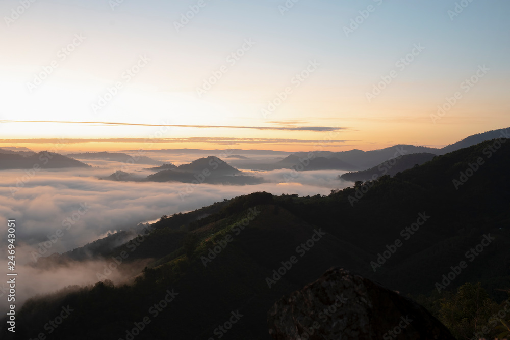 Scenery photos at the sea fog spot in the sunrise before in Nong Khai, Thailand, Asia