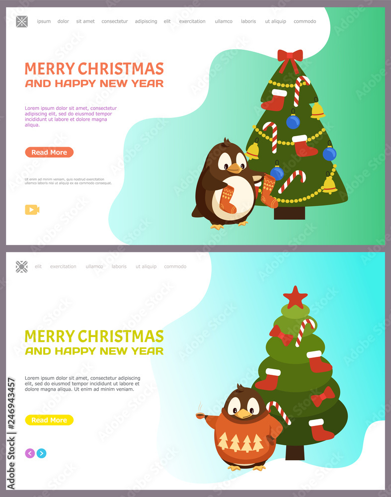 Merry Christmas and happy New Year pine fir tree vector. Online web pages with text sample, spruce decorated with baubles and garlands bows and candies