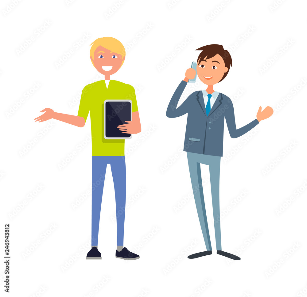 Cheerful businessman in formal wear and executive worker with briefcase speaking on phone discussing business issues. Male office workers in suits vector Cheerful businessman in formal wear and executive worker with briefcase speaking on phone discussing business issues. Male office workers in suits vector