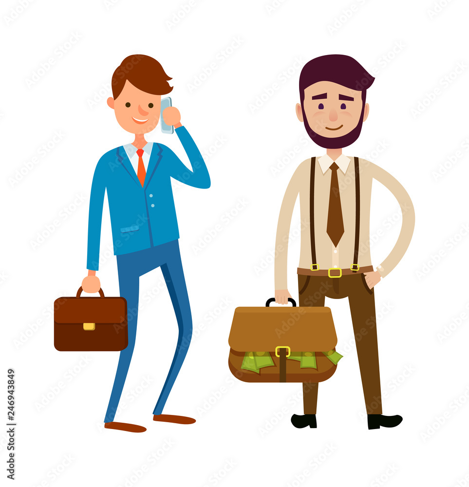 Businesspeople going to make a bargain. Boss speaking on phone, client with big bag full of money. Intention to achieve agreement, vector business characters Businesspeople going to make a bargain. Boss speaking on phone, client with big bag full of money. Intention to achieve agreement, vector business characters