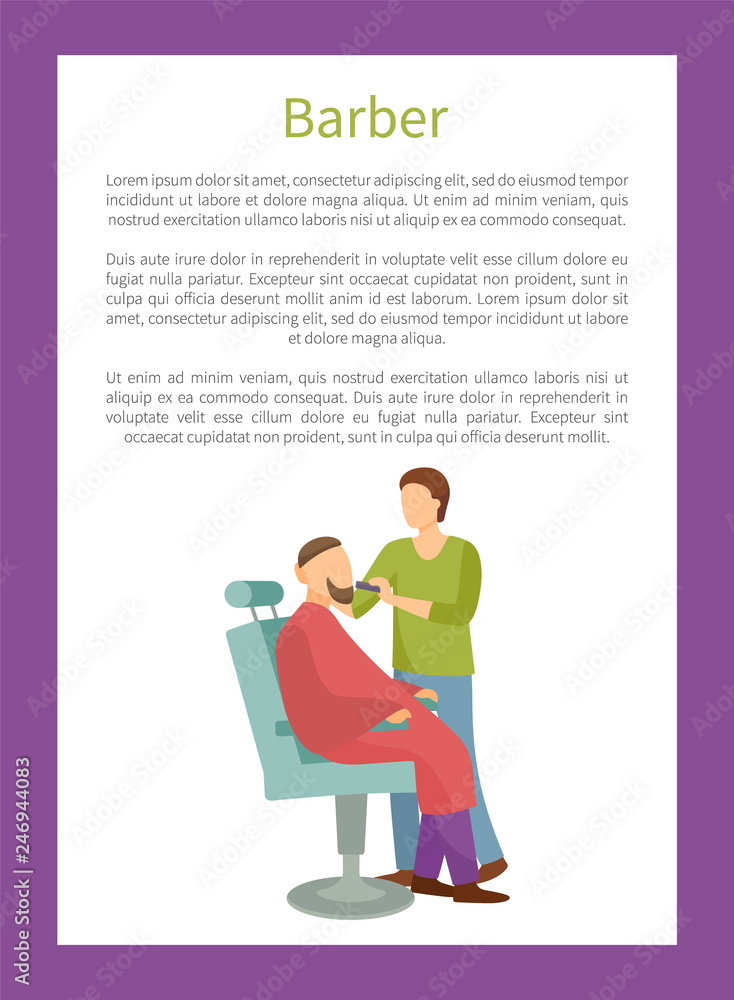 Barber shop poster hairdresser cutting or shaving beard and mustaches to man in armchair vector poster with text. Hipster man spa salon for hair style