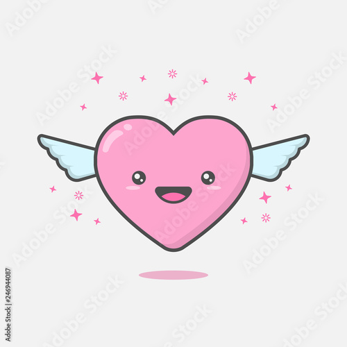 Illustration of cute and kawaii heart mascot charactor floating with wings feeling happy and smiling. Love and Valentine's day concept