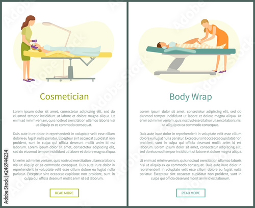 Cosmetician facial cosmetic procedures and detox body wrap web page with text. Woman cosmetologist working with clients face, beauty prof wrapping leg
