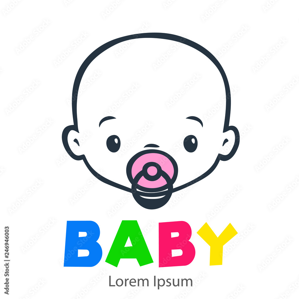 Logotipo con texto BABY con caricatura de cara de bebé lineal color gris con chupete rosa Logotipo con texto BABY con caricatura de cara de bebé lineal color gris con chupete rosa