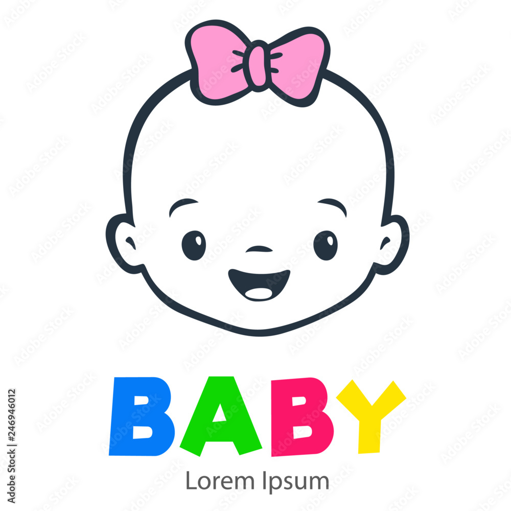 Logotipo con texto BABY con caricatura de cara de bebé lineal color gris  con lazo color rosa vector de Stock | Adobe Stock