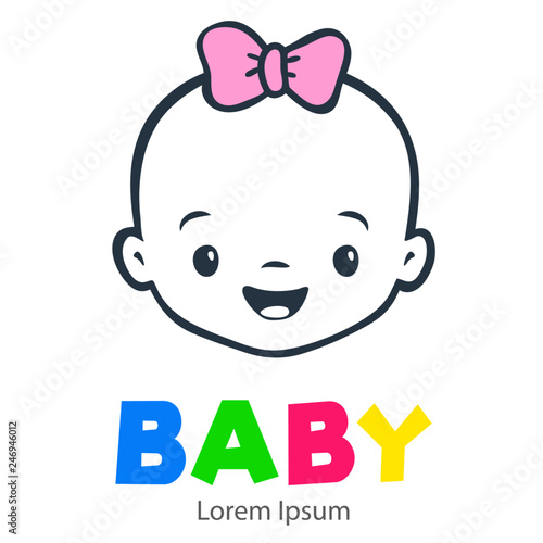 Logotipo con texto BABY con caricatura de cara de bebé lineal color gris con lazo color rosa