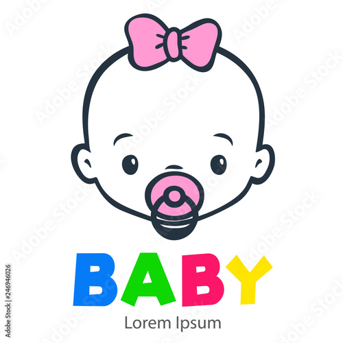 Logotipo con texto BABY con caricatura de cara de bebé lineal color gris con lazo y chupete de color rosa