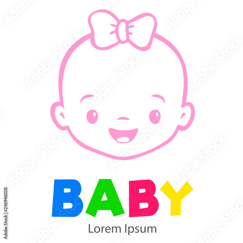 Logotipo con texto BABY con caricatura de cara de bebé lineal con lazo en color rosa